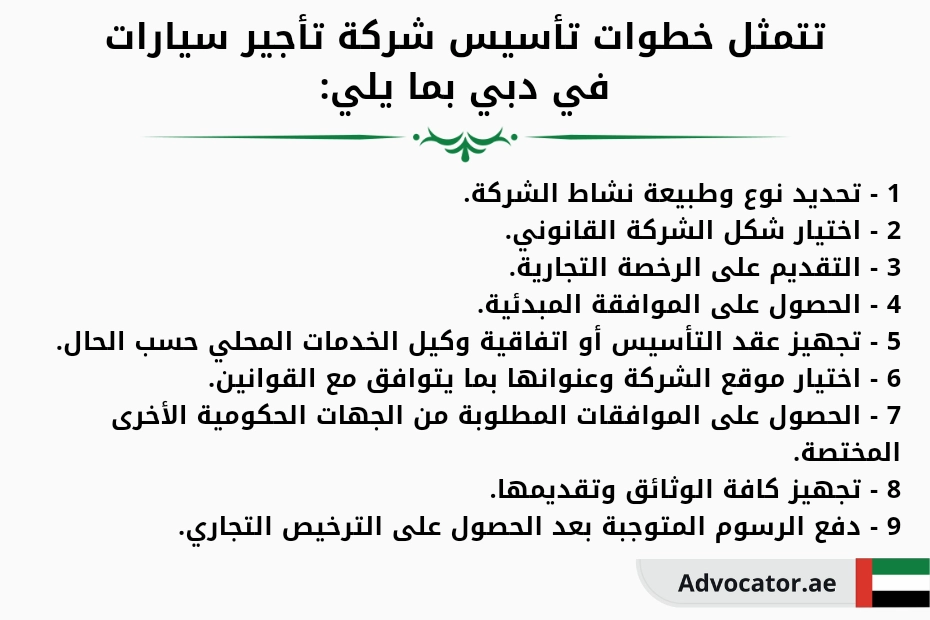 تتمثل خطوات تأسيس شركة تأجير سيارات في دبي بما يلي