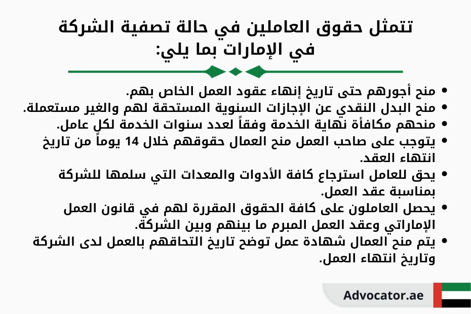 تتمثل حقوق العاملين في حالة تصفية الشركة في الإمارات بما يلي