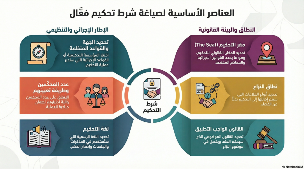 انفوجراف يوضح العناصر التي يُفضّل تضمينها في شرط التحكيم